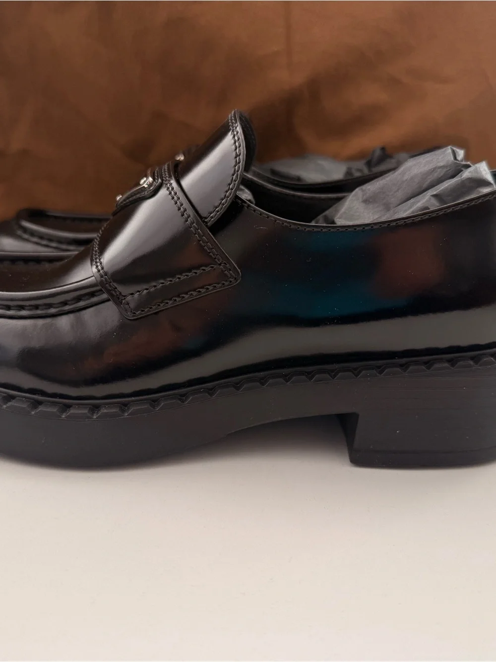 Prada Black Patent Leather Logo Penny Loafers